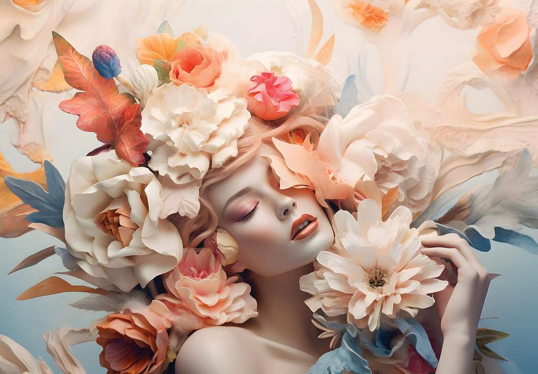 Absztrakt óriás virágokkal díszített női arckép mintás posztertapéta 368x254 vlies
