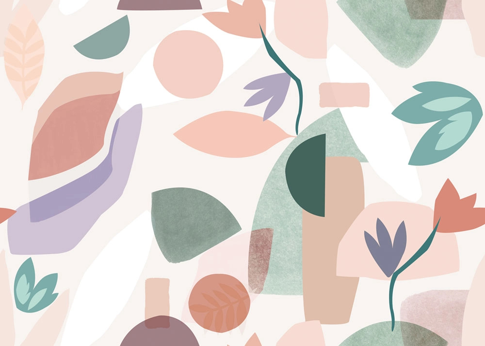 Akvarell hatású fotótapéta geometria formákkal és levél mintákkal