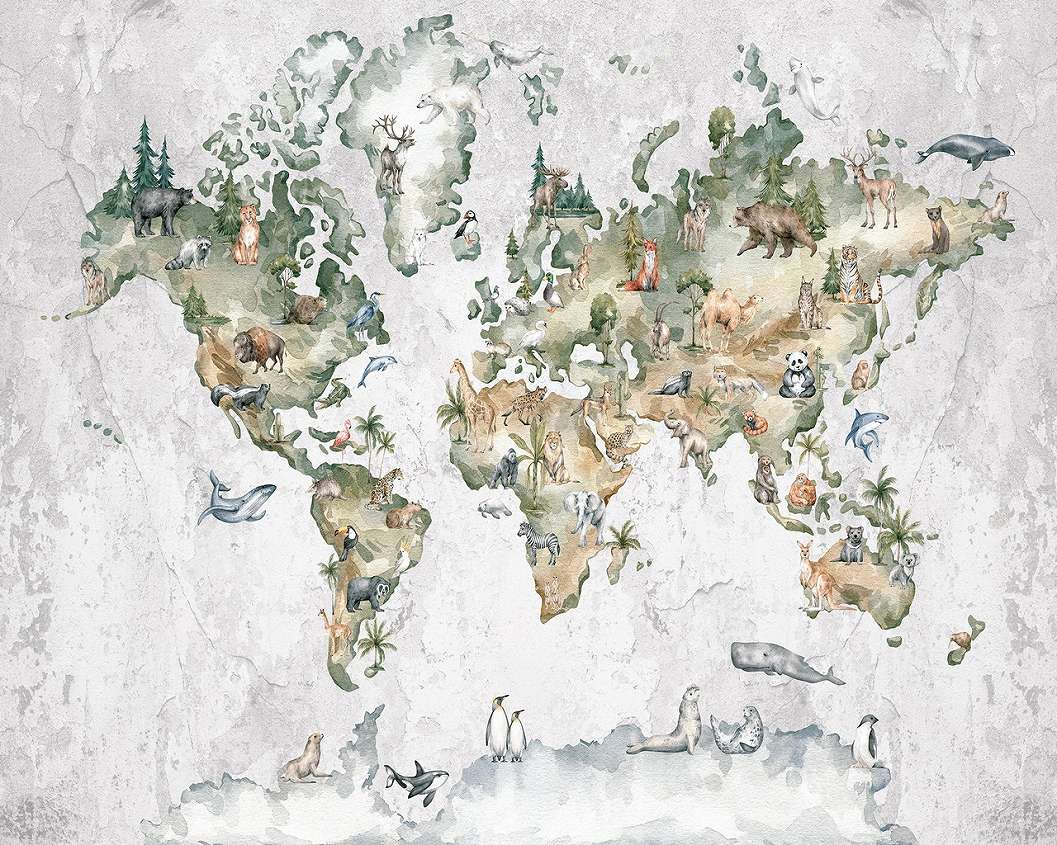 Akvarell hatású világtérkép álatokkal díszetve mintás gyere fotótapéta 368x254 vlies