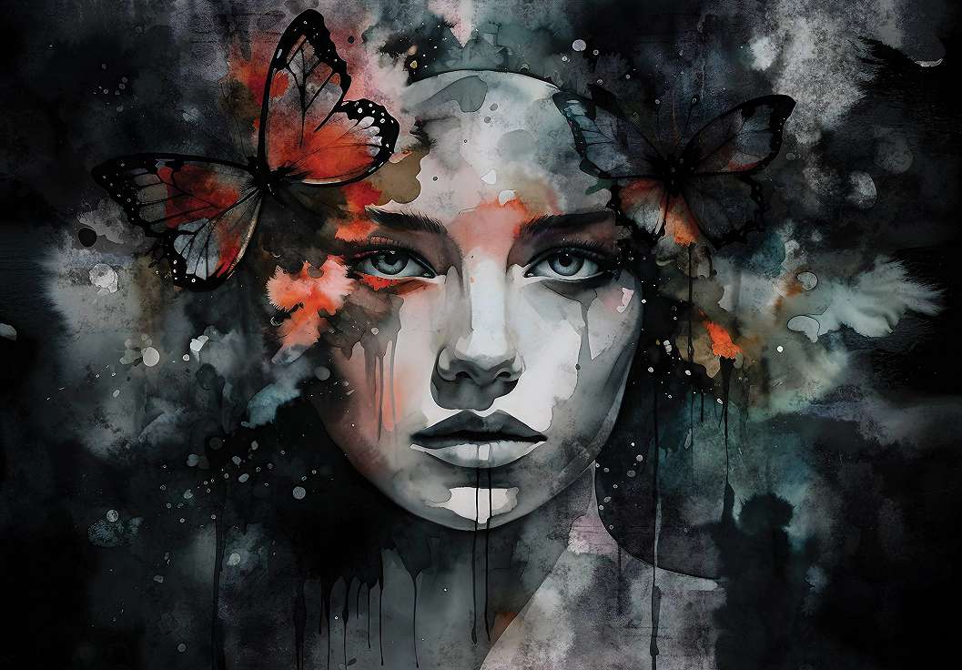 Akvarell stílusú női arckép pillangóval mintás fotótapéta 368x254 vlies