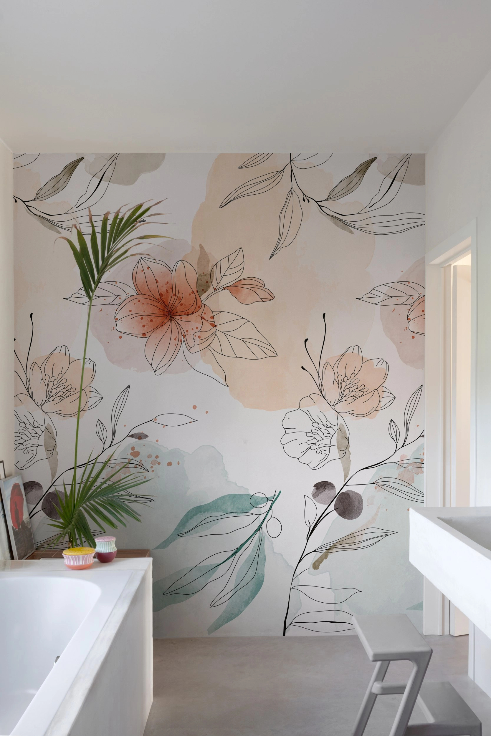 Rajzolt színes virág mintás design tapéta glamur hangulatban