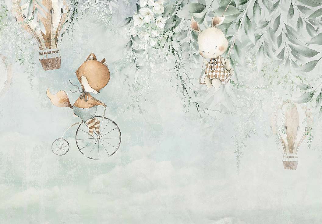 Állat mintás fotótapéta gyerekszobába akvarell leveles mintával 368x254 vlies