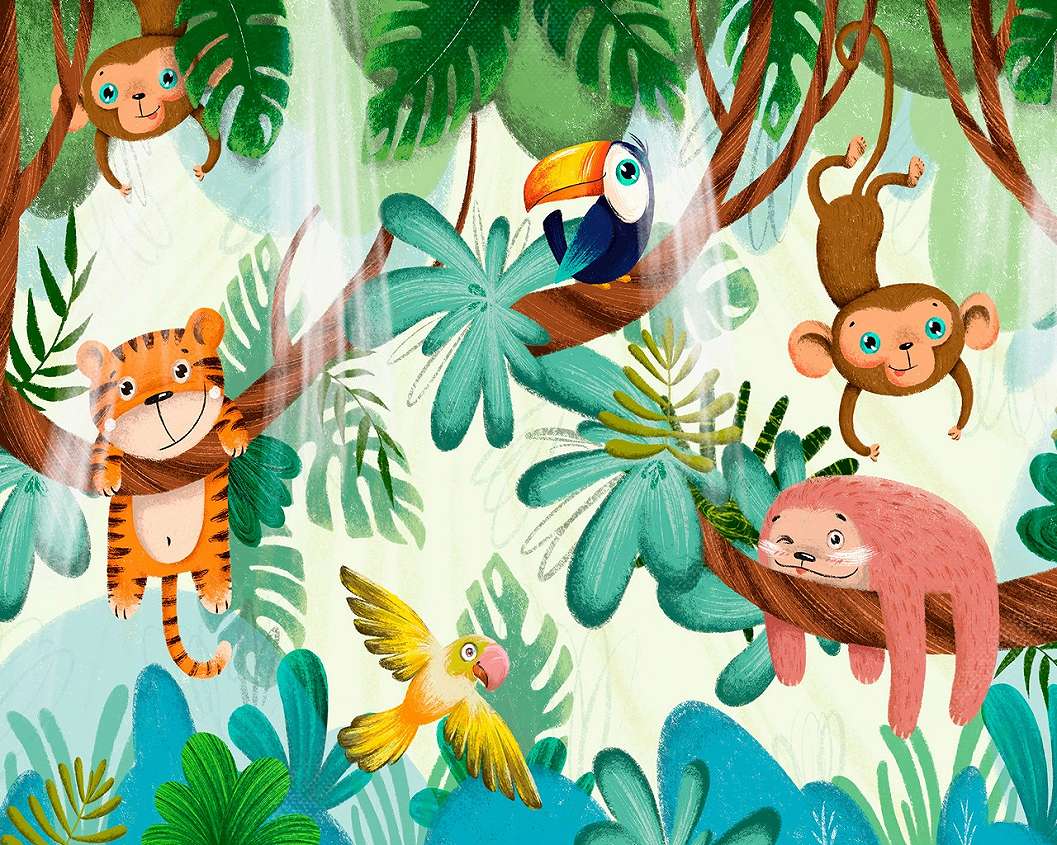 Aranyos állat mintás tigris, majom, papagáj, rajzolt stílusú gyerek fotótapéta 368x254 vlies