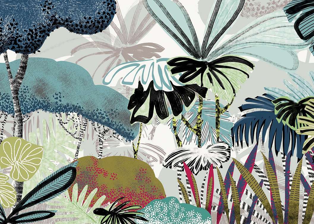 Bohém színes fotótapéta trópusi pálmaleveles mintával