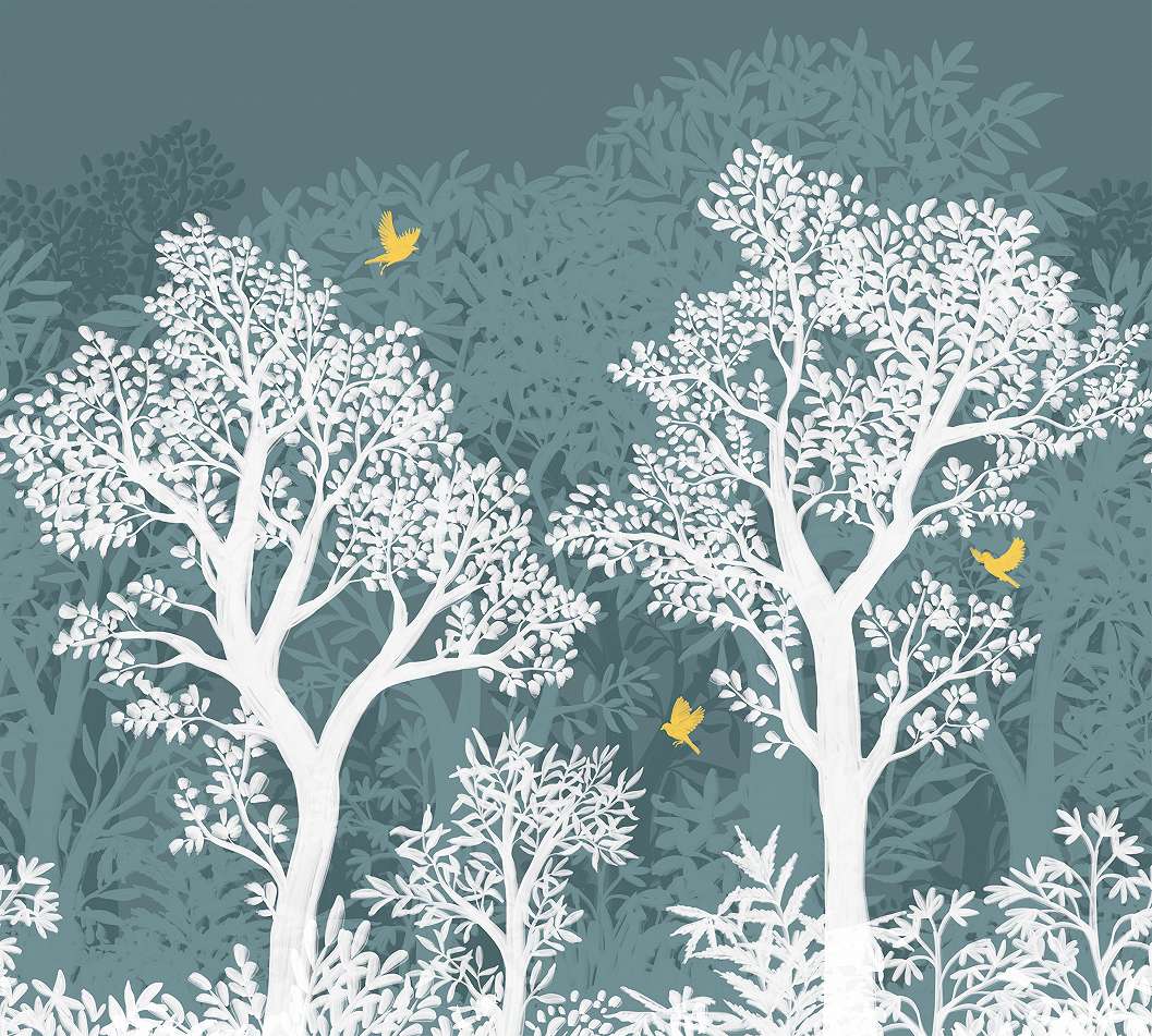 Design posztertapéta fa mintával kék-fehér színben