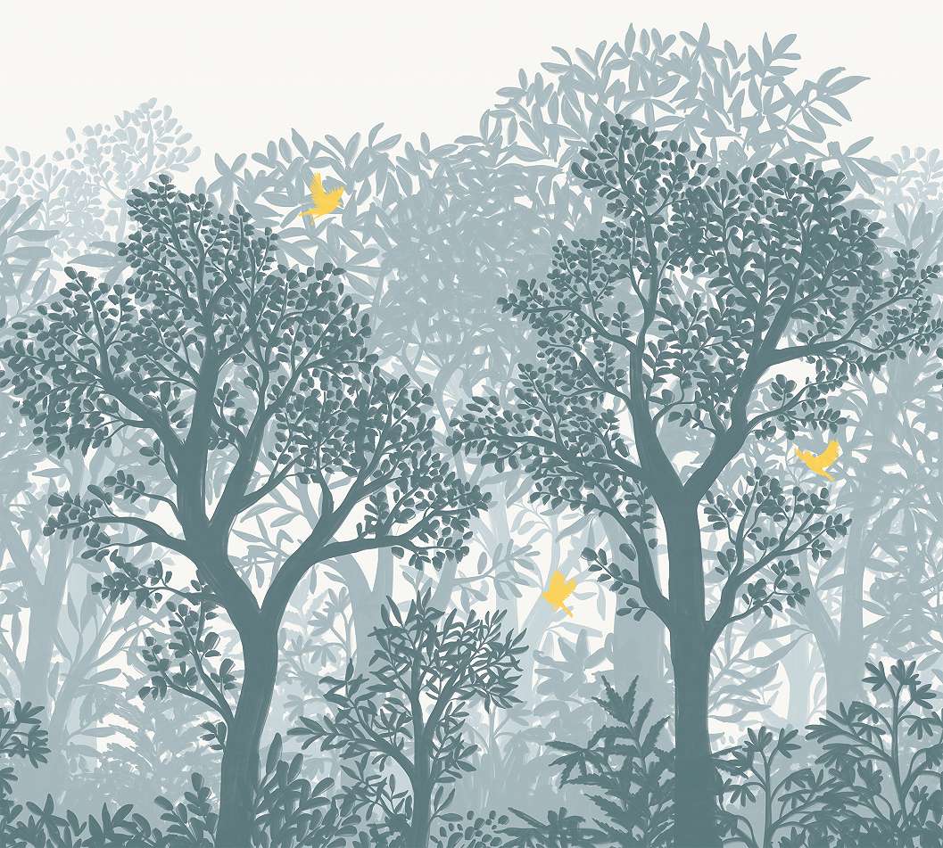 Design posztertapéta fa mintával kék színben 300cm x 270cm