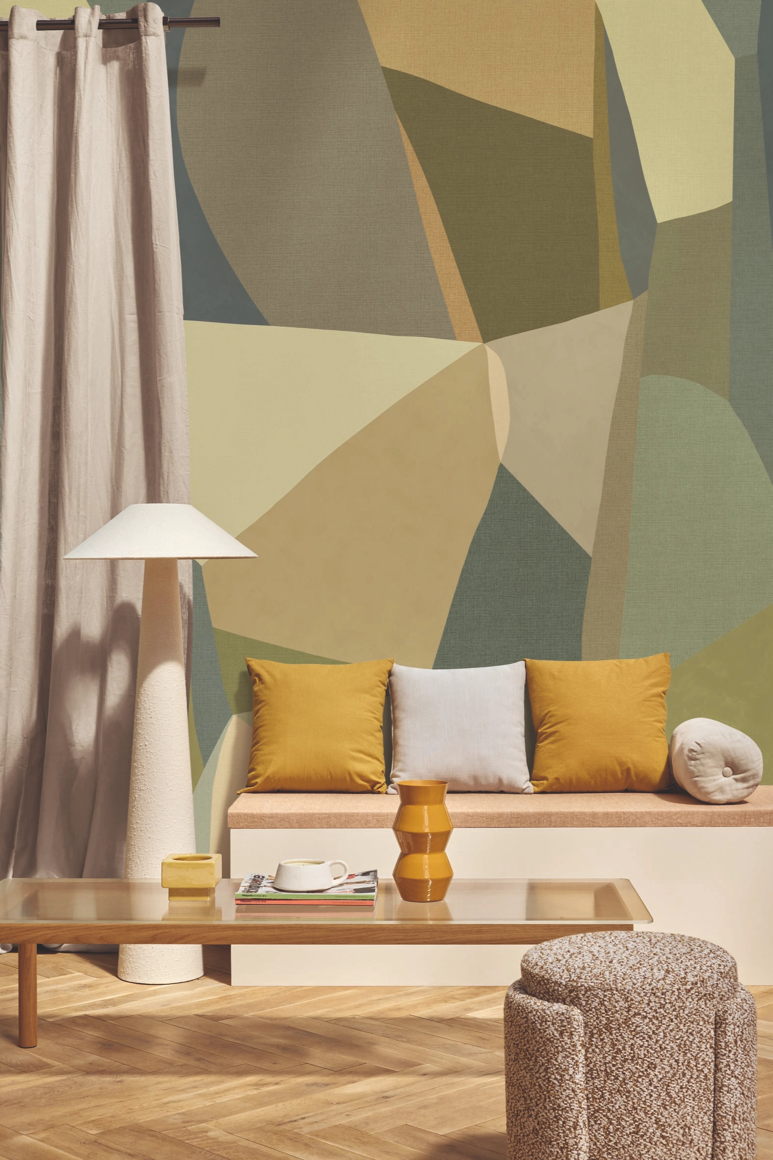 Design fotótapéta geometrikus mintával vidám és hideg színekben 200cm x 250cm