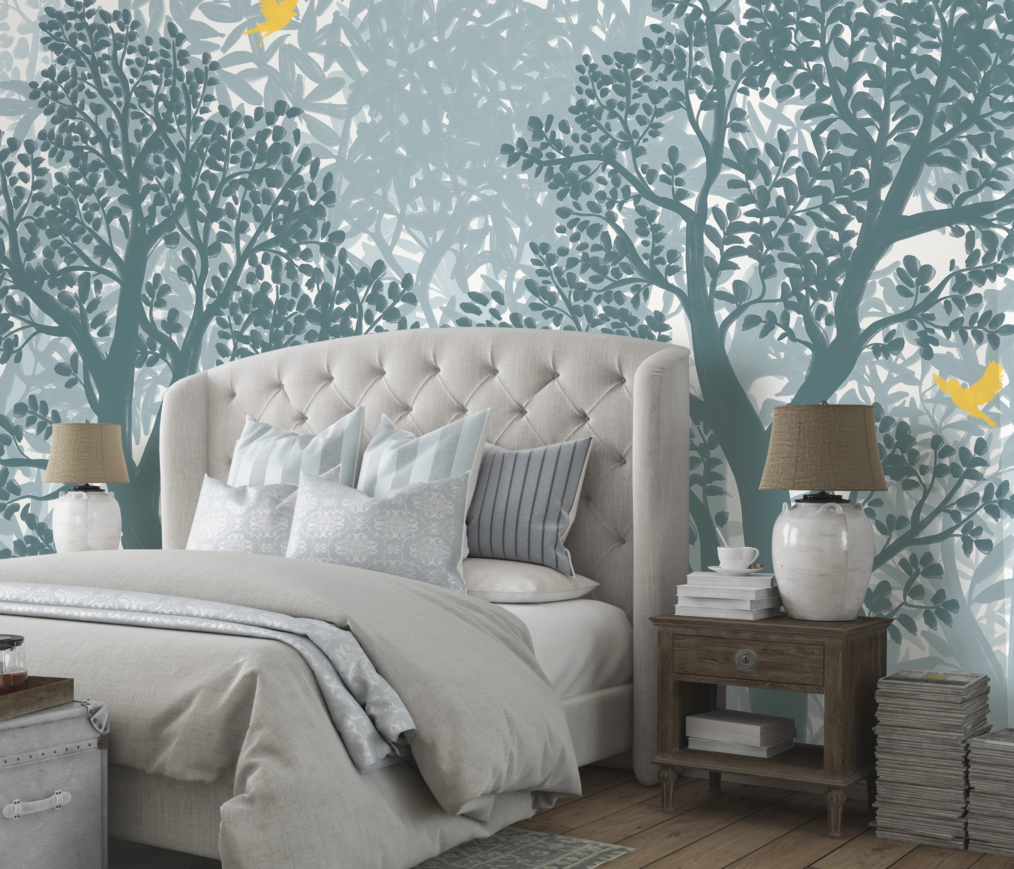 Design fotótapéta erdő mintával indigó kék színben