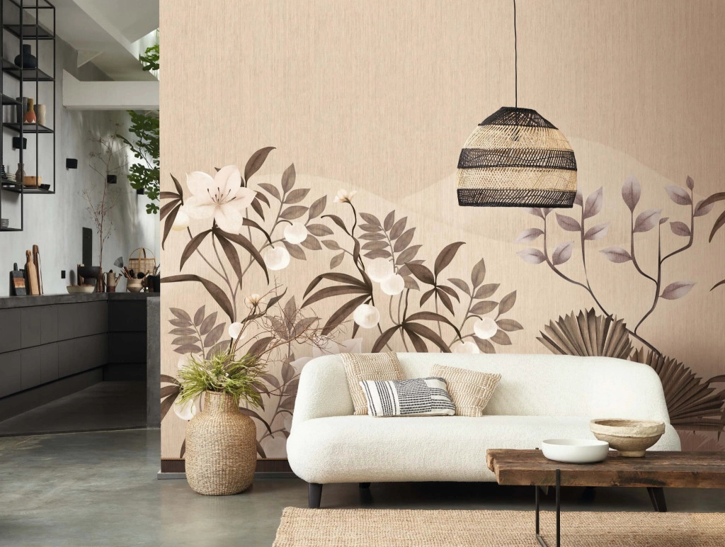 Design fotótapéta fák és virágok mintával barna színben 400cm x 310cm