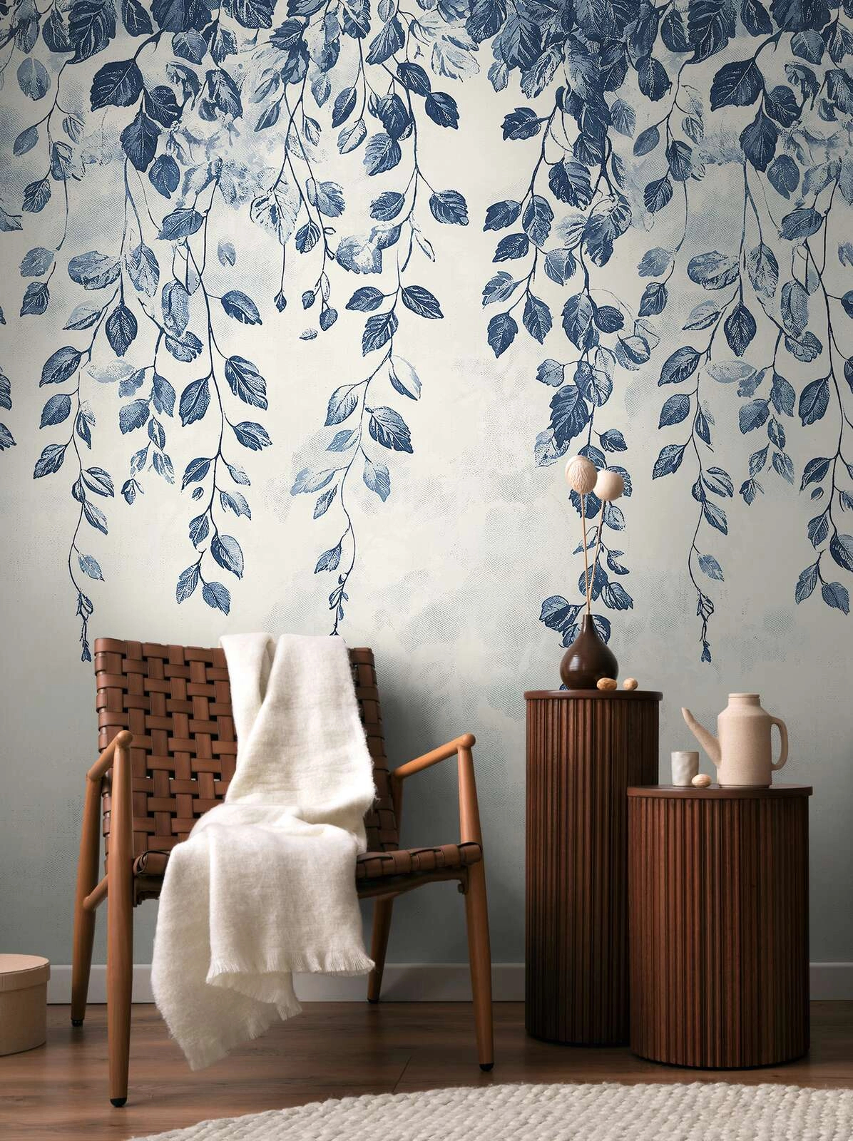 Design fotótapéta koptatotthatású leveles inda mintával kék színben