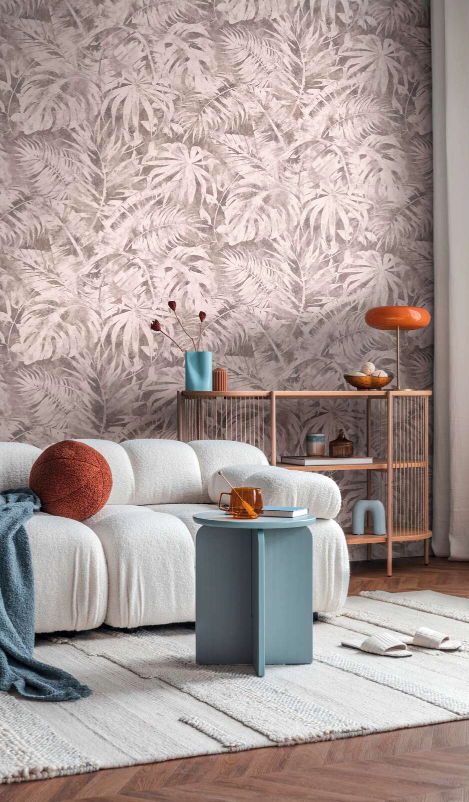 Design fotótapéta trópusi levél mintával világos rózsaszín színben