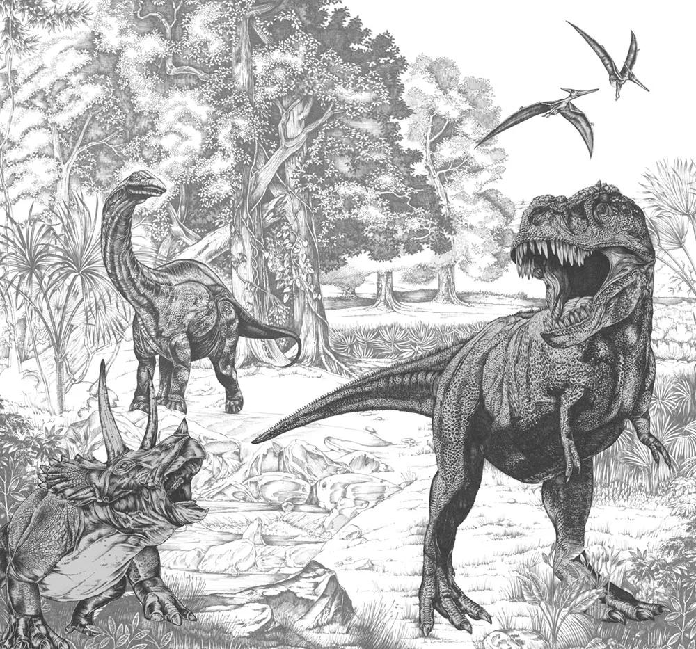 Dinoszaurusz mintás vlies fotótapéta T-rex dinóval feket fehér szinvilágban