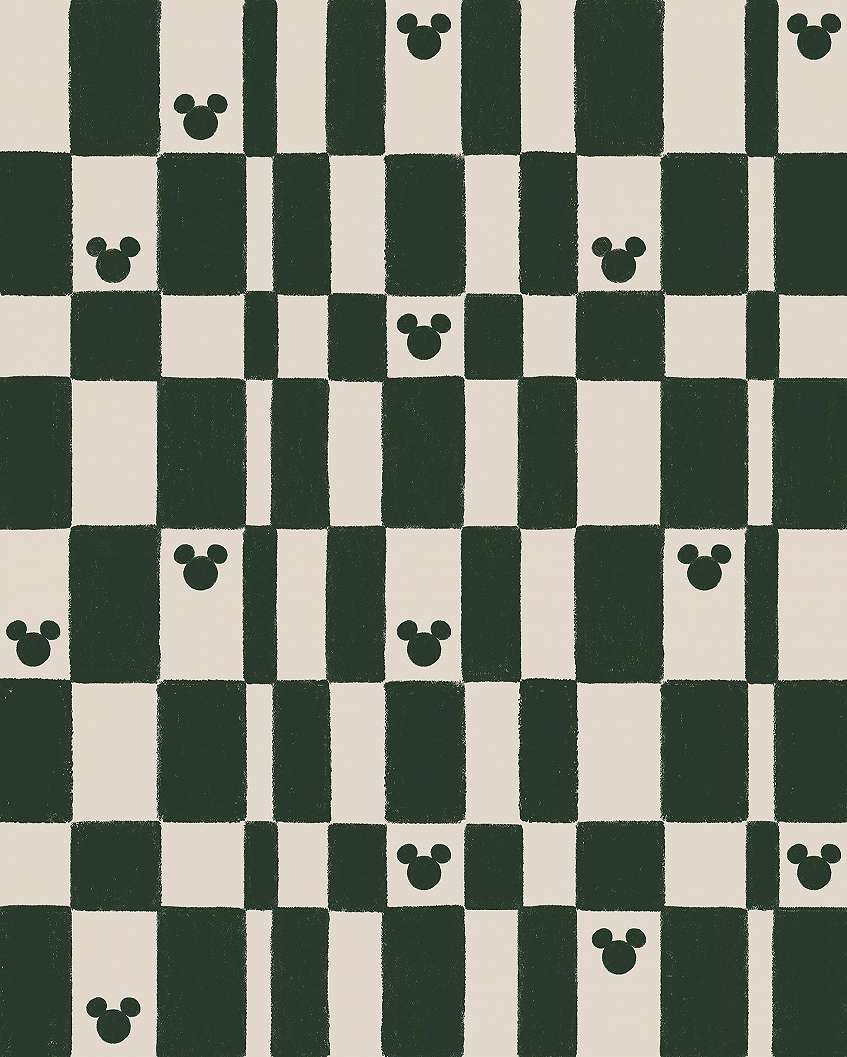 Disney fotótapéta krém és sötét zöld kockás minta Mickey fejjel