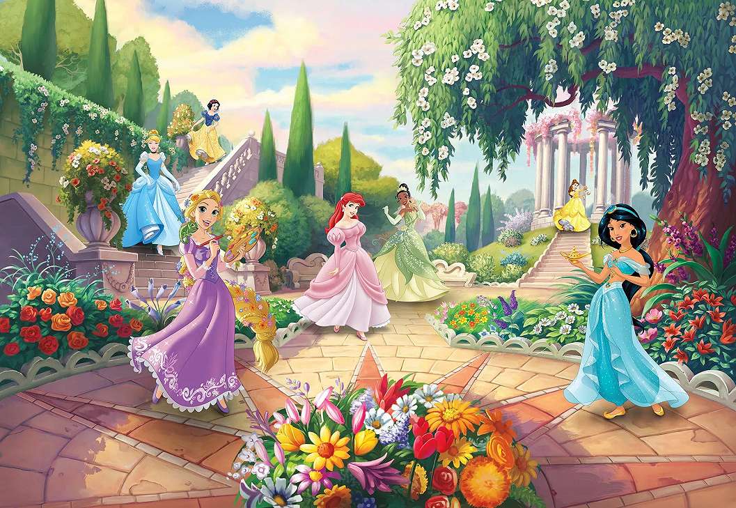 Disney hercegnők fotótapétaen egy mesebeli kertben