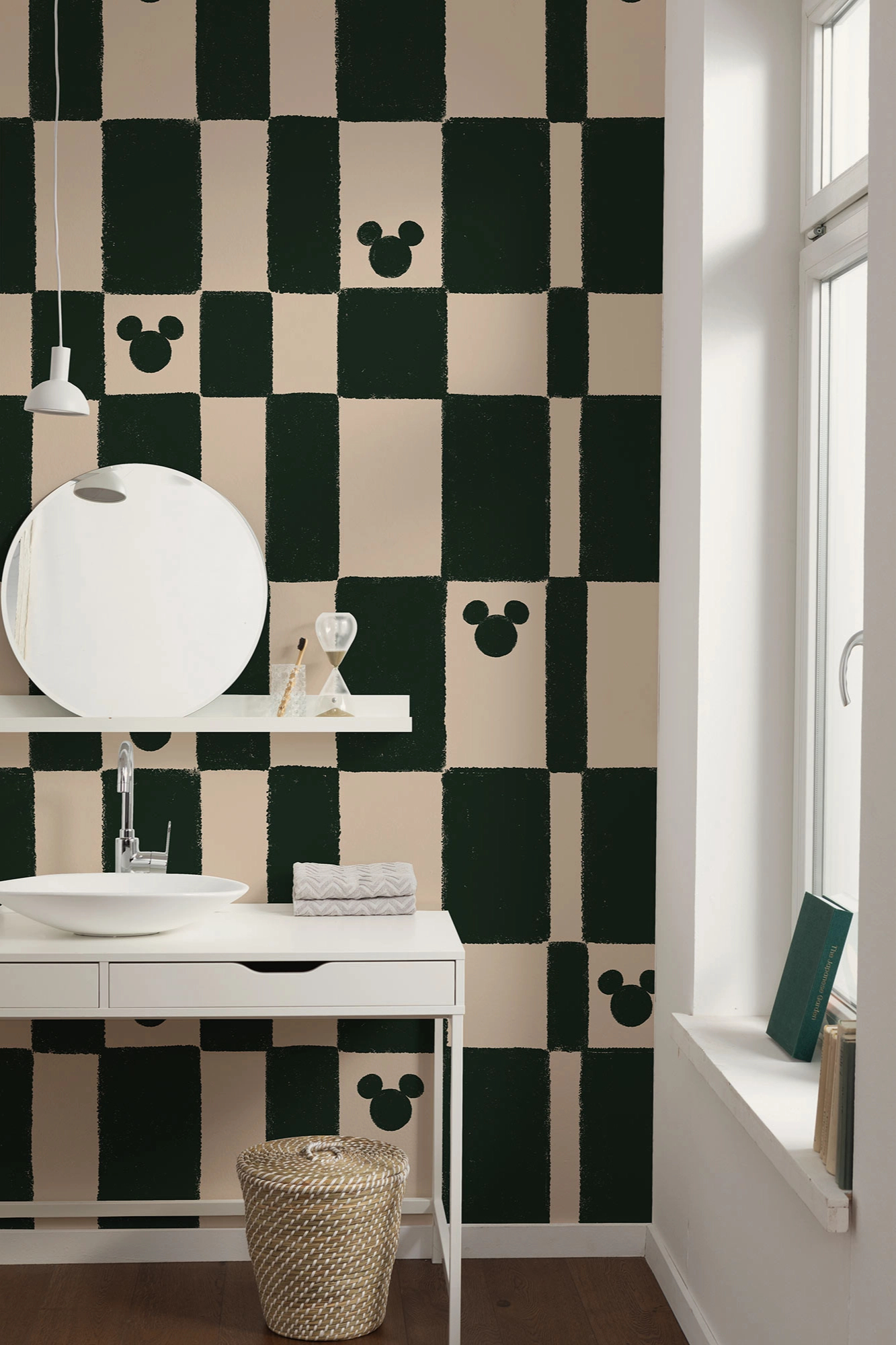 Disney fotótapéta krém és sötét zöld kockás minta Mickey fejjel