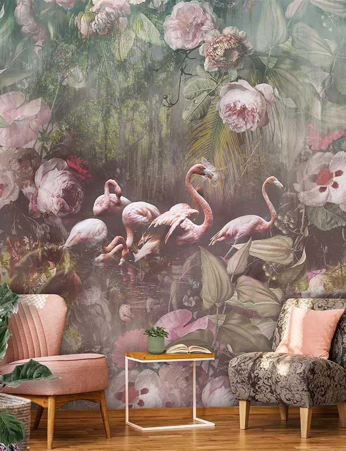 Flamingó mintás fali poszter dzsungel háttérrel