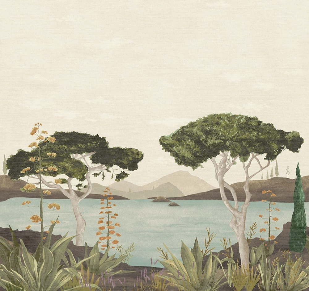 Elegáns posztertapéta trópusi tájkép hegyekkel élénk színekben