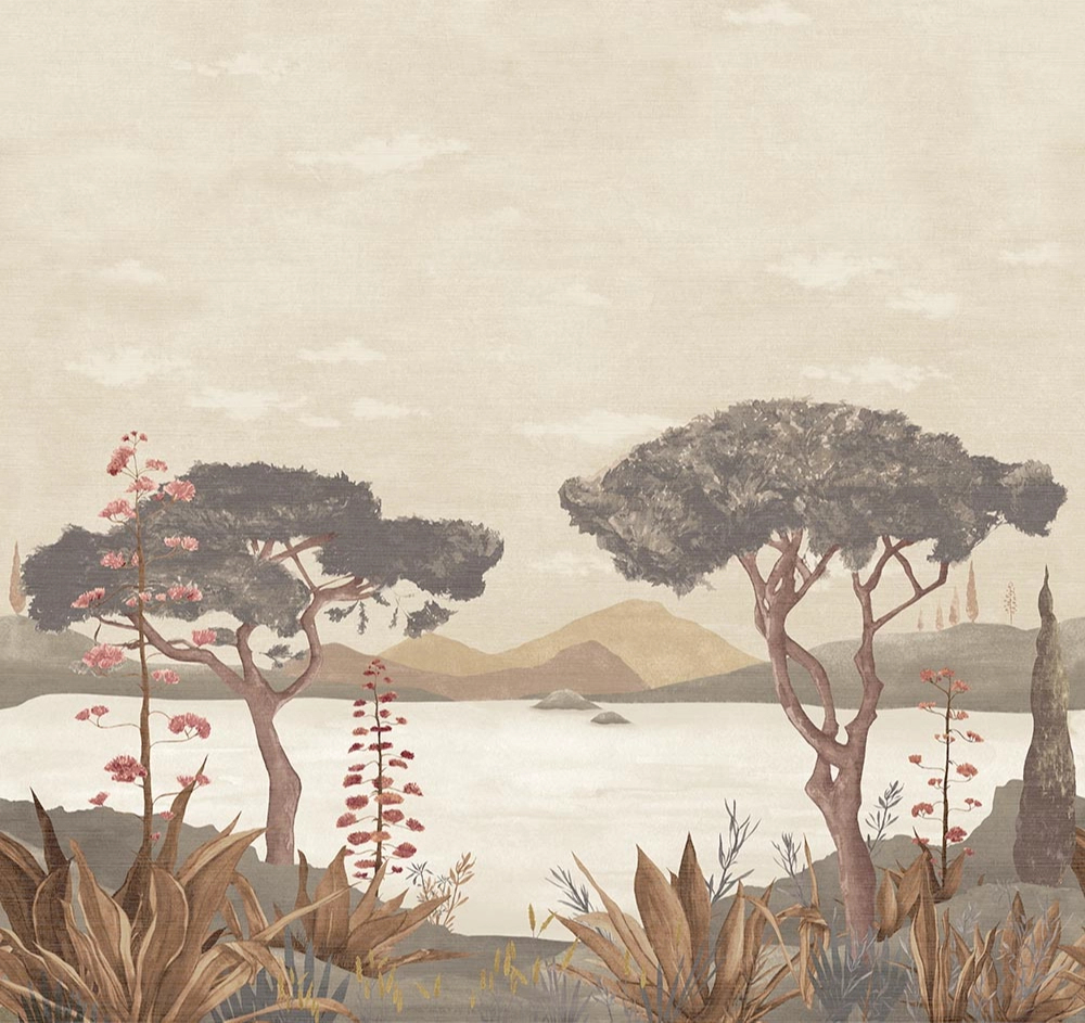 Elegáns posztertapéta trópusi tájkép hegyekkel barna színben