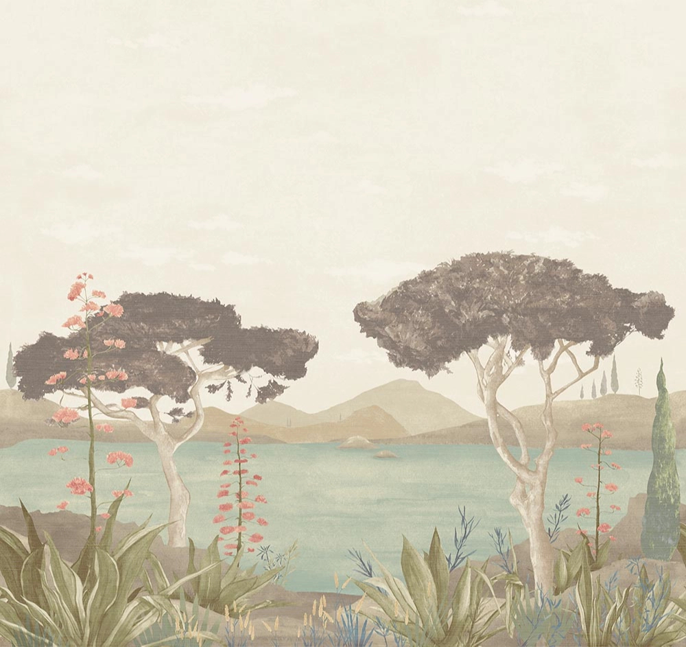 Elegáns posztertapéta trópusi tájkép hegyekkel pasztel színekben