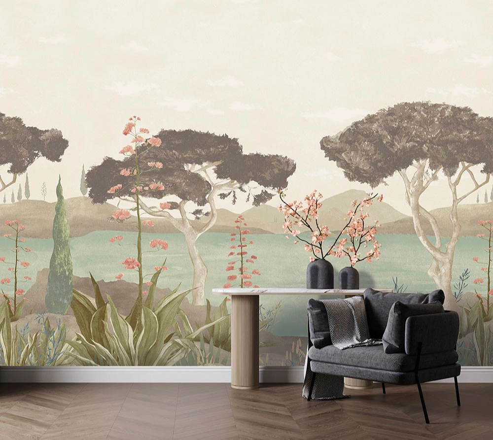 Elegáns fotótapéta trópusi tájkép tóval és hegyekkel pasztel színekben