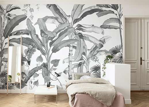 Fekete fehér fotótapéta modern trópusi botanikus mintával