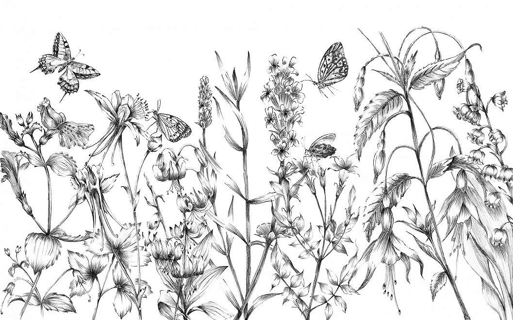 Fekete fehér lepke és virág mintás óriás fotótapéta