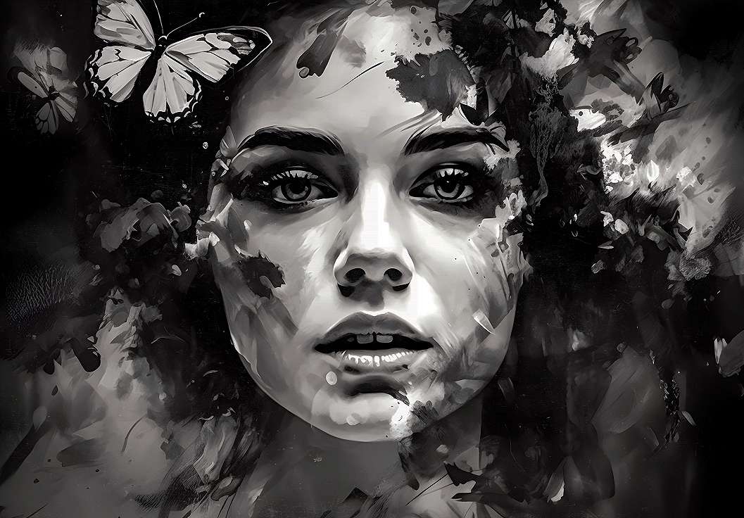 Fekete-fehér női arckép pillangóval mintás design fotótapéta 368x254 vlies