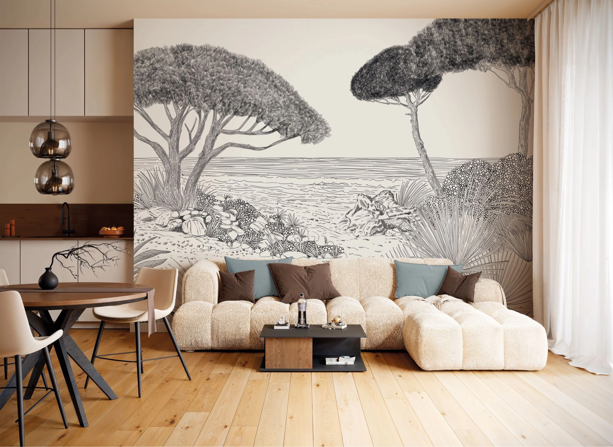 Fotótapéta fekete fehér skicc rajzú mediterrán tájkép mintával