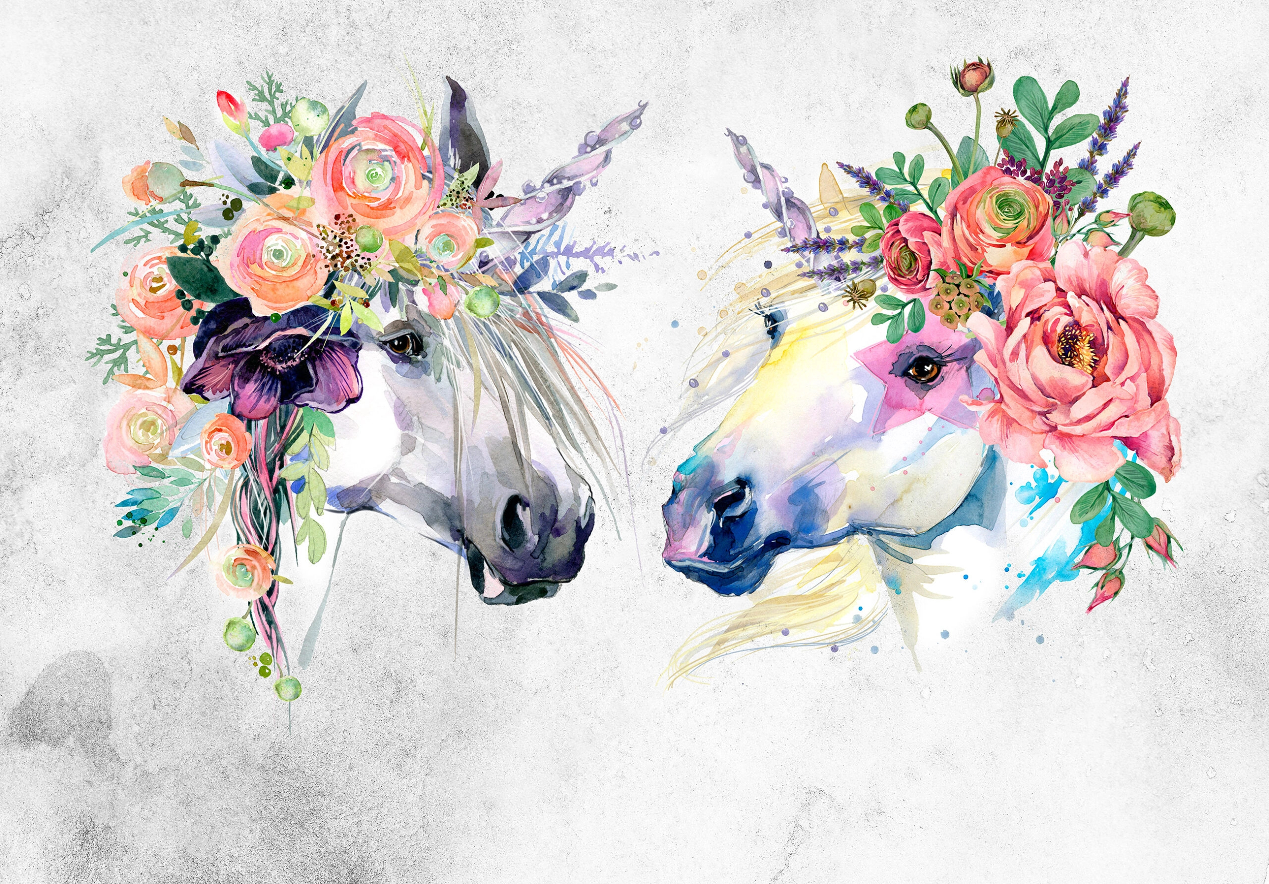 Fali poszter fehér ló és virágok mintával absztrakt stílusban 368x254 vlies