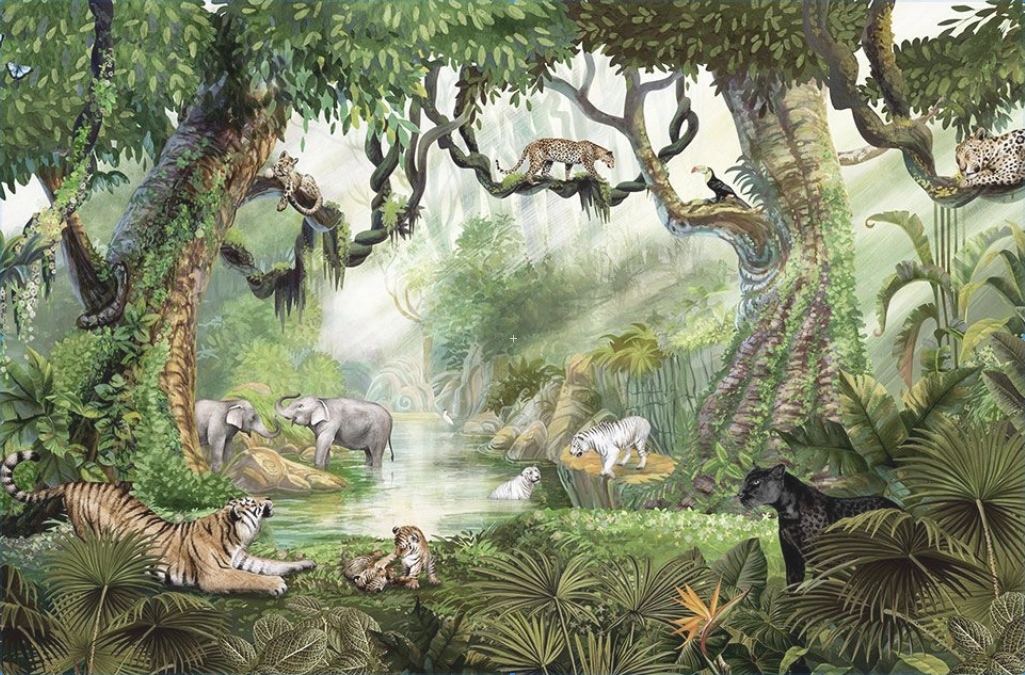 Dzsungel állat mintás meseszerű fotótapéta egyedi méretben 410x270cm