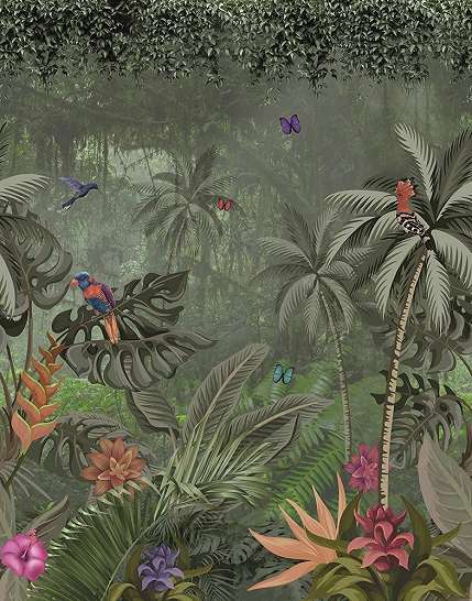 Fotótapéta dzsungel pálmafa papagáj mintával mosható