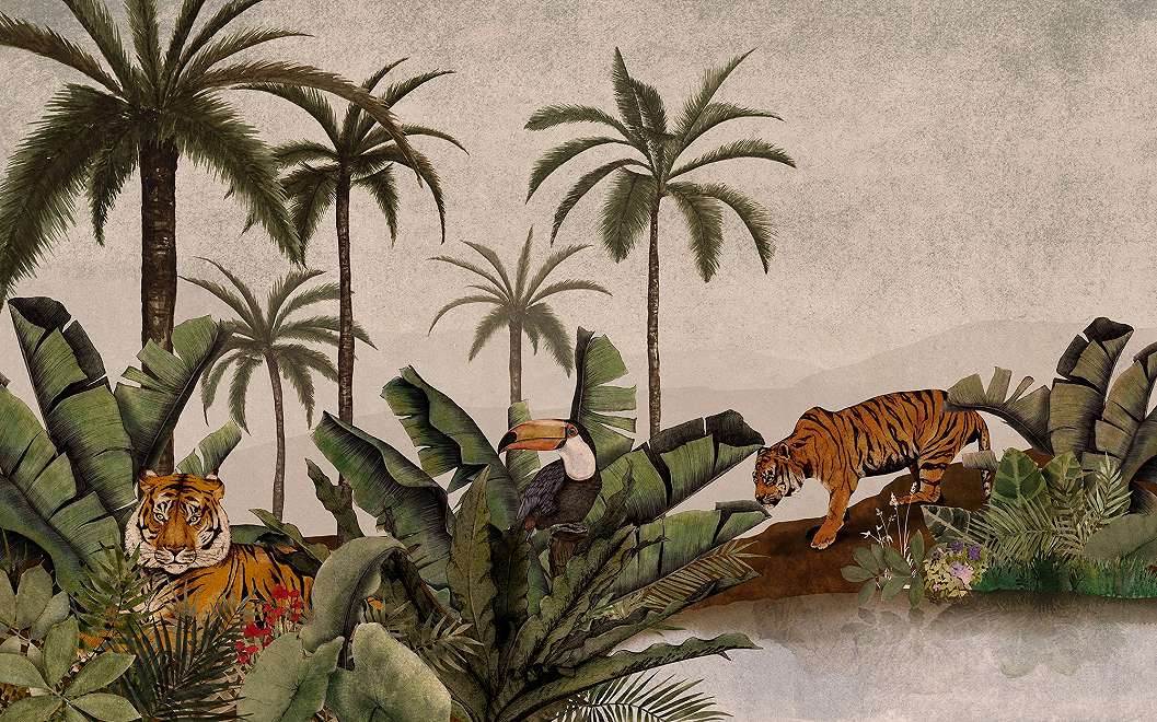 Fotótapéta egzotikus állat és trópusi pálmafás mintával