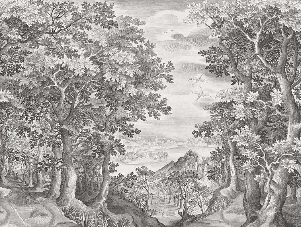 Fotótapéta erdei tájkép minta fametszet hatással