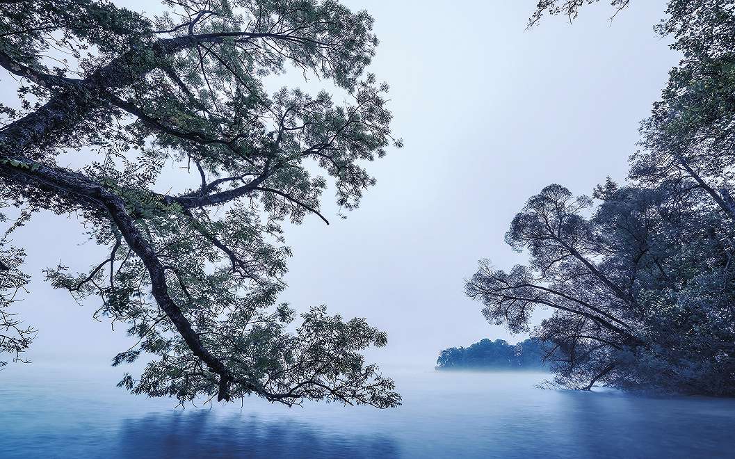 Fotótapéta kék erdei tó tájképével