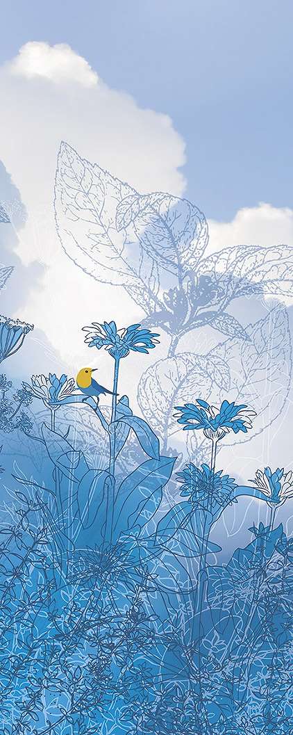 Fotótapéta kék színvilágban absztrakr rajzolt hatású virágmintával