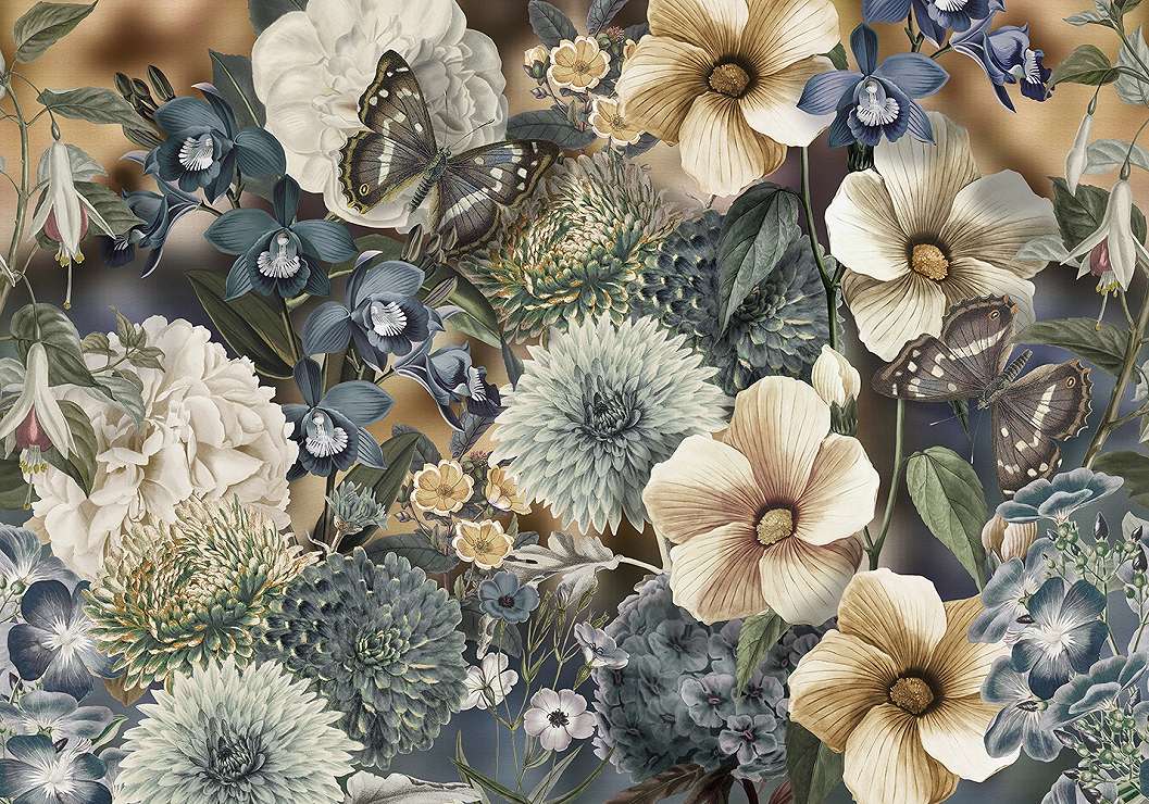 Fotótapéta pillangókkal bézs és kék színű virágokkal