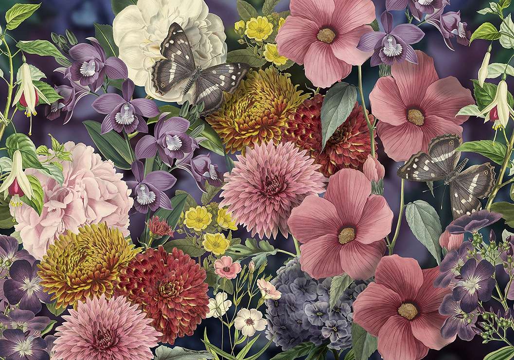 Fotótapéta pillangókkal rózsaszín és lila színű virágokkal 