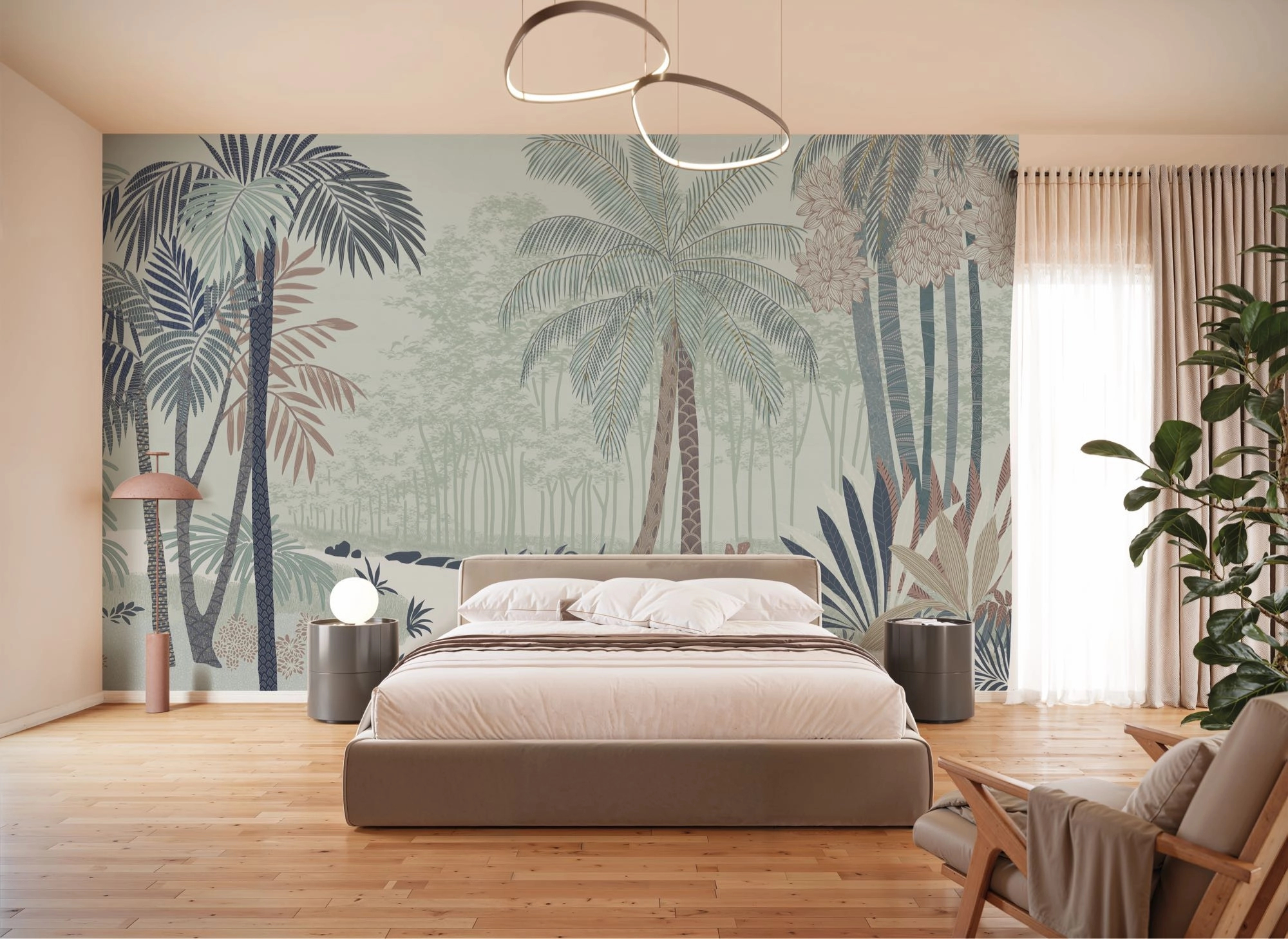 Fotótapéta rajzolt kékeszöld dzsungel botanikus mintával