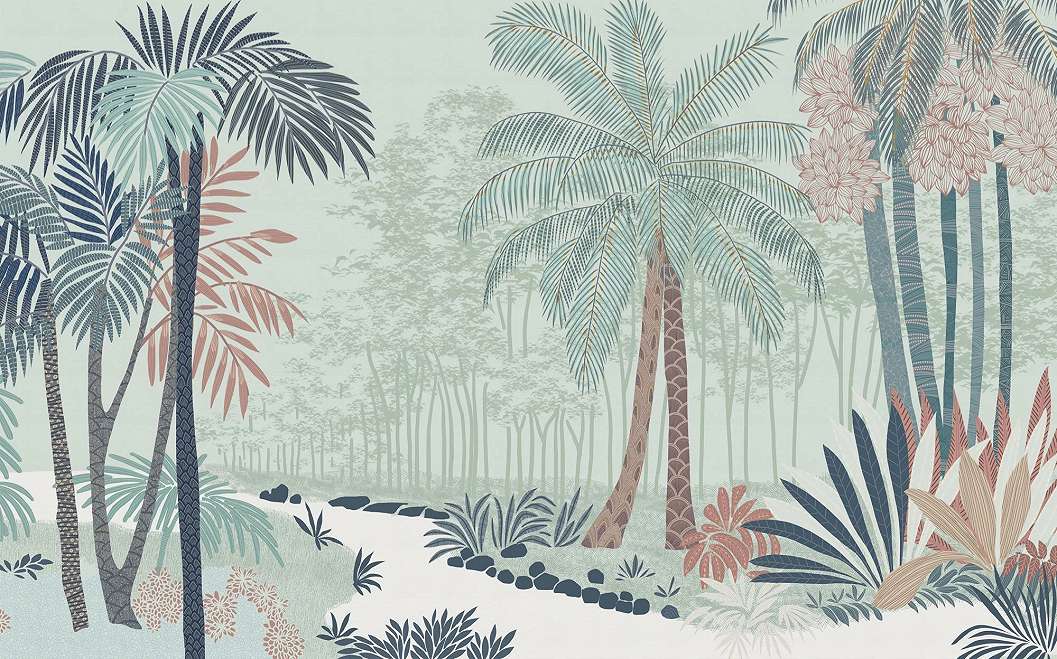 Fotótapéta rajzolt kékeszöld dzsungel botanikus mintával