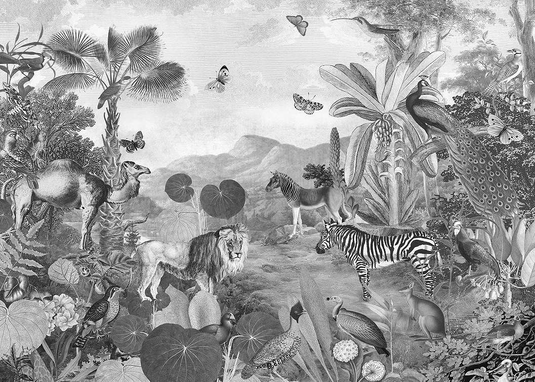 Fotótapéta trópusi dzsungel mintával fekete fehér színben