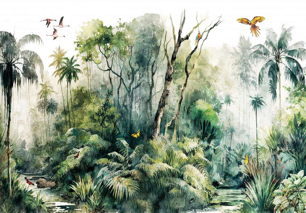 Fotótapéta trópusi erdő akvarell stílusban állatokkal 368x254 vlies