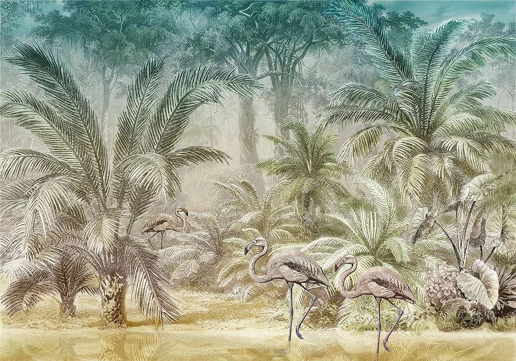 Fotótapéta trópusi hangulatú, pálmafákkal flamingókkal