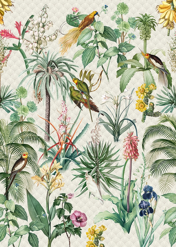 Fotótapéta trópusi növényekkel és papagájokkal világos háttér