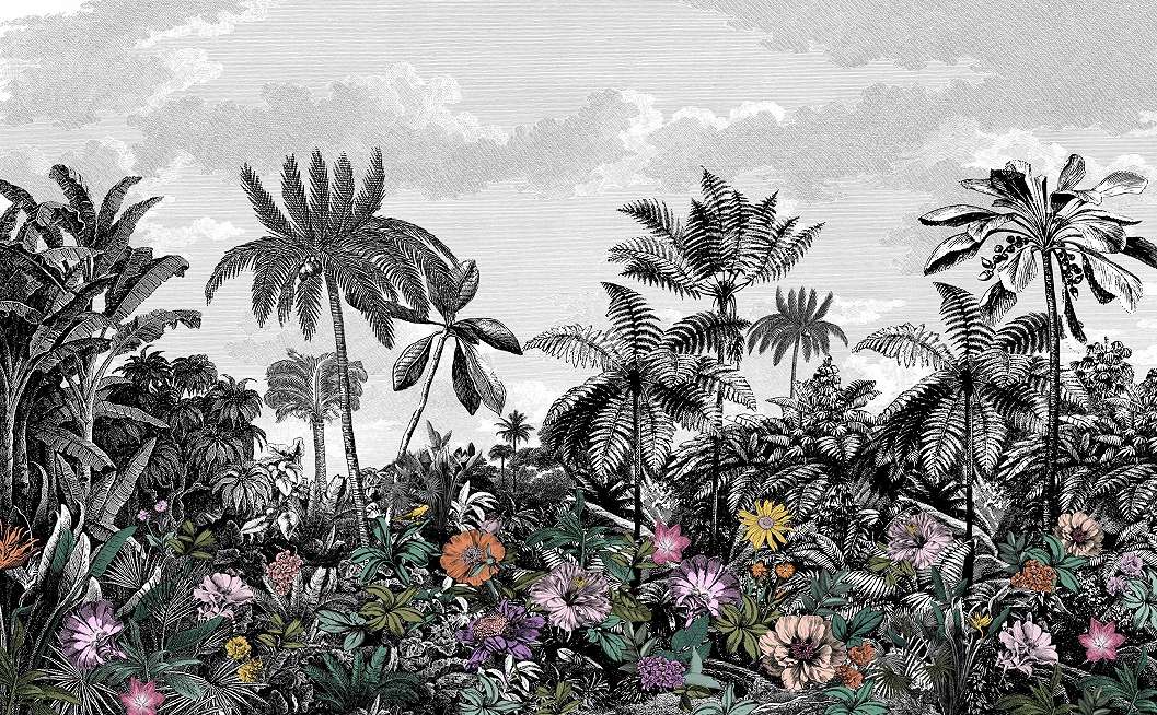 Fotótapétamodern dzsungel és színes virágos mintával