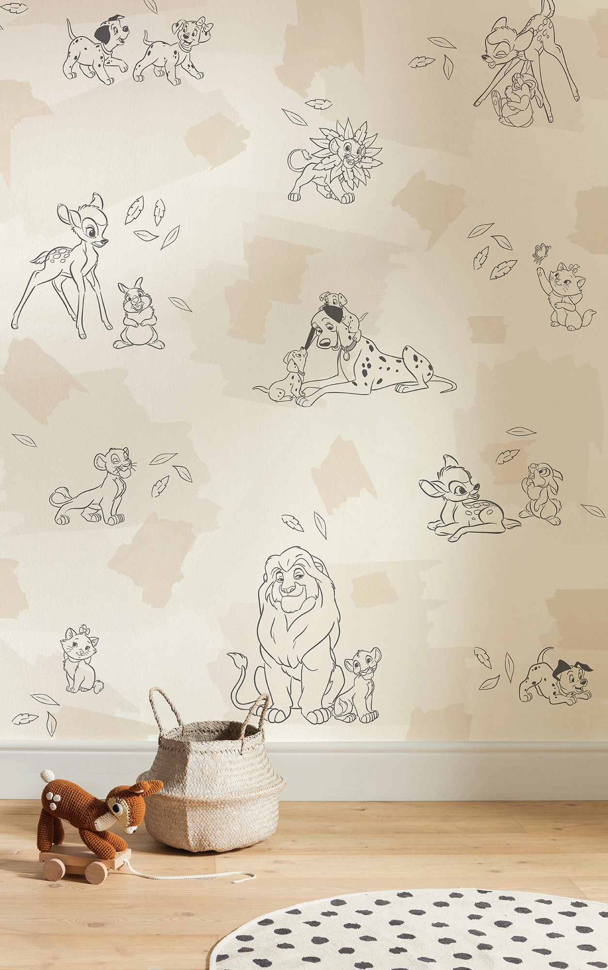 Gyerek fotótapéta homokbarna és beige színű foltos háttér előtt a Disney állatok rajzaival