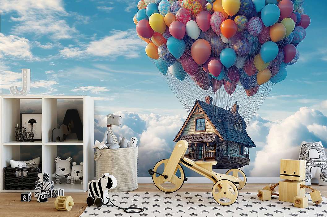 Gyerek posztertapéta lufikon lebegő ház mintával 368x254 vlies