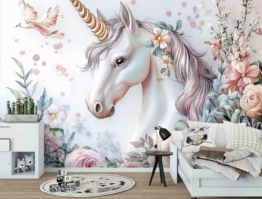 Gyerek posztertapéta unikornis és virág mintával 368x254 vlies