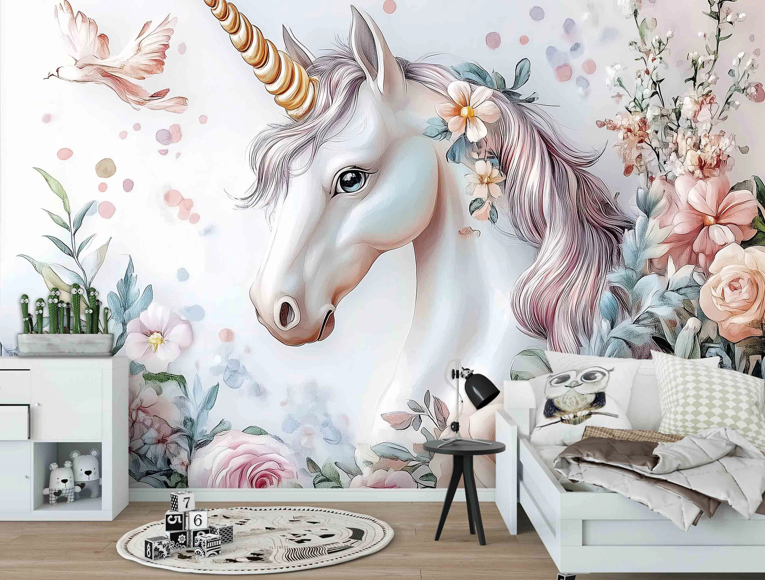 Gyerek fotótapéta egyszarvú és virág mintával 368x254 vlies