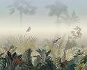  Idilli trópusi életkép pillangókkal madarakkal zöld kék és ködszürke design fali poszter