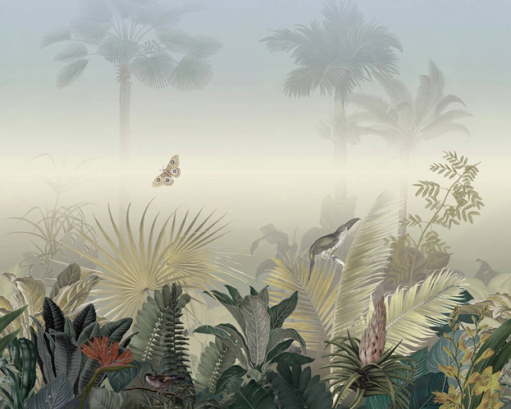  Idilli trópusi életkép pillangókkal madarakkal zöld ködszürke és kék design fotótapéta